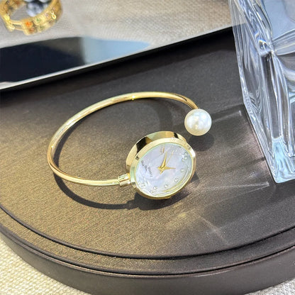 Women's Luxury Rose Gold Small Dial Bracelet Watch with Rhinestone Brand Design Vintage Imitation Pearl Ladies Quartz Wristwatch