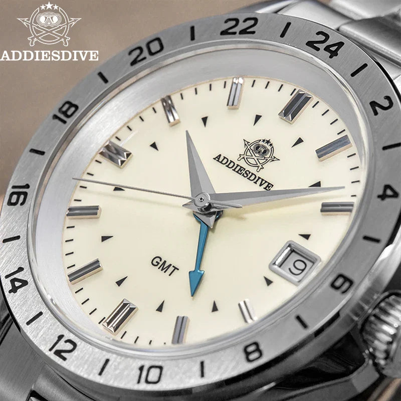 ADDIESDIVE New Watch For Men GMT Quartz Wristwatch AD2063 Sapphire Waterproof 200m Stainless Steel Bezel 38mm Gift Watch reloj