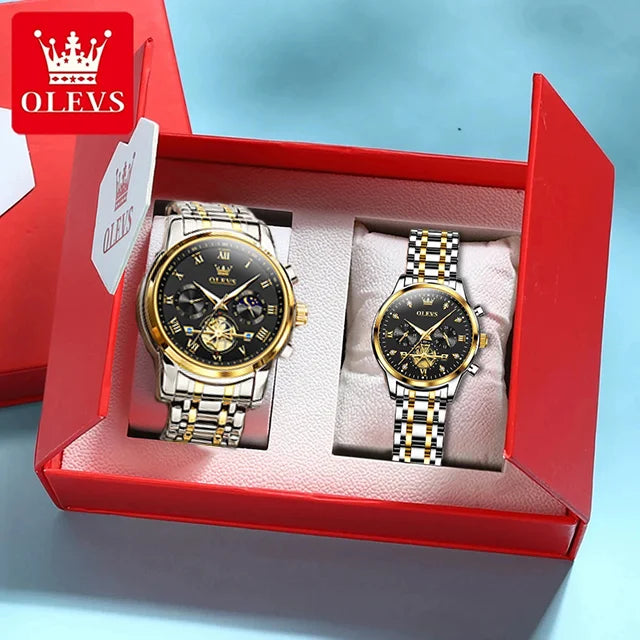OLEVS Luxury Brand Quartz Couple Watch Waterproof Luminous Lunar Phase Timing Code Watch Lover Date Clock His or Her Watch Set