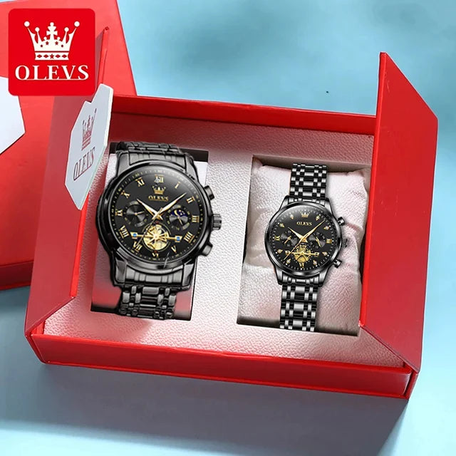 OLEVS Luxury Brand Quartz Couple Watch Waterproof Luminous Lunar Phase Timing Code Watch Lover Date Clock His or Her Watch Set