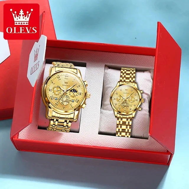 OLEVS Luxury Brand Quartz Couple Watch Waterproof Luminous Lunar Phase Timing Code Watch Lover Date Clock His or Her Watch Set