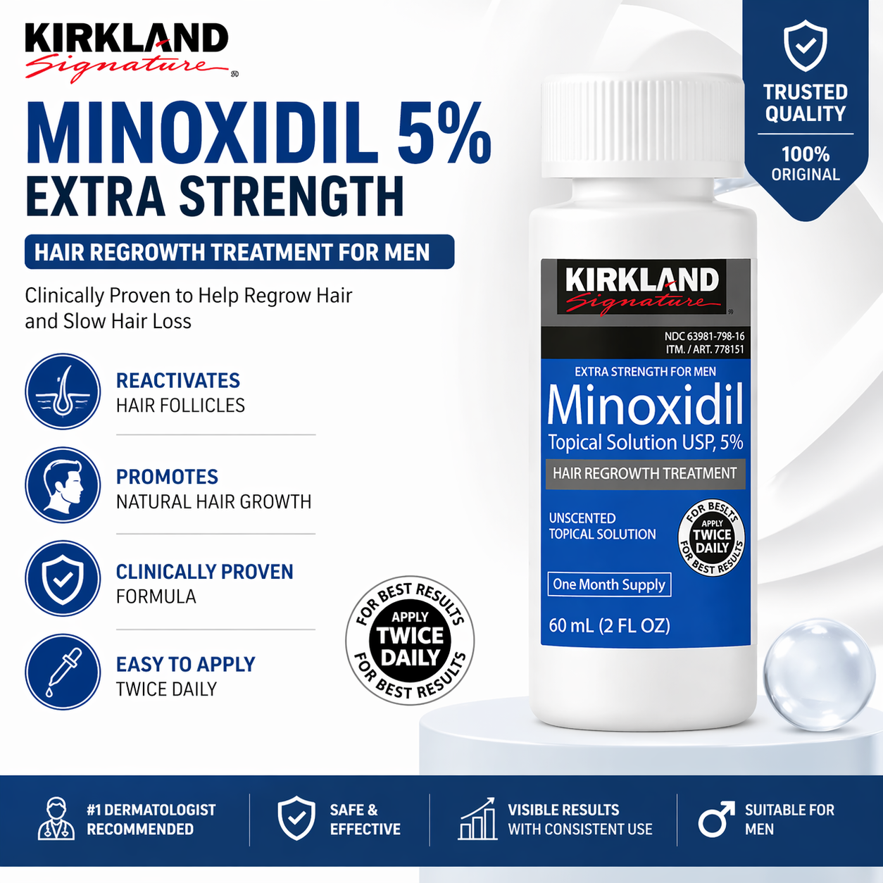 Kirkland Minoxidil 5% Extra Strength Hair Regrowth Treatment for Men 60ml Fast Results