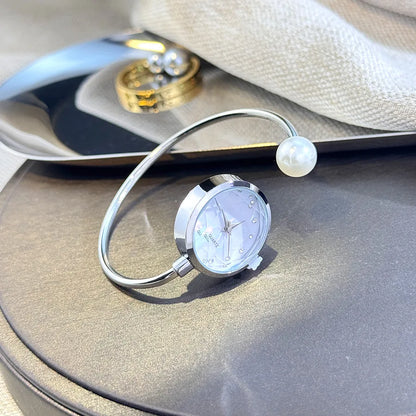 Women's Luxury Rose Gold Small Dial Bracelet Watch with Rhinestone Brand Design Vintage Imitation Pearl Ladies Quartz Wristwatch