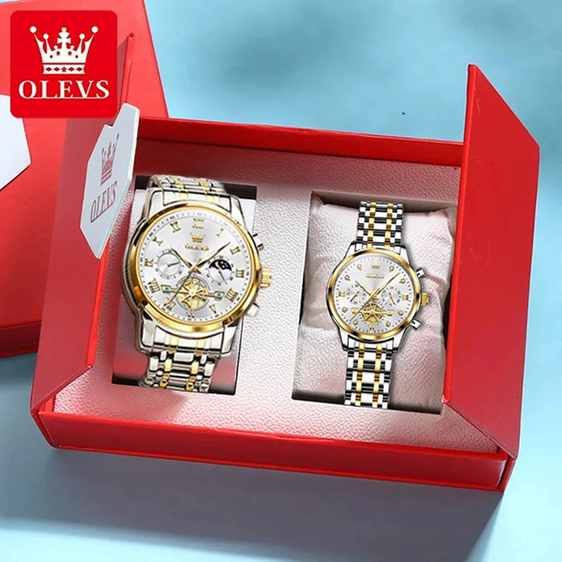OLEVS Luxury Brand Quartz Couple Watch Waterproof Luminous Lunar Phase Timing Code Watch Lover Date Clock His or Her Watch Set